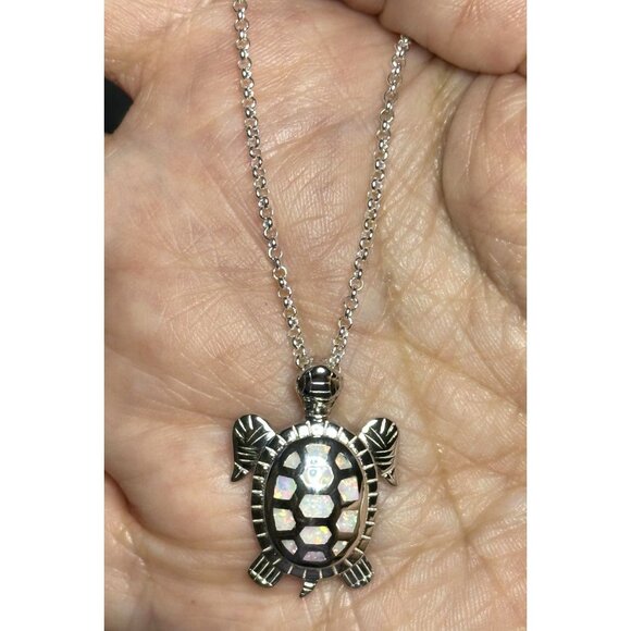 White Opal Turtle Pendant Thick Silver w Italian Made 18” 2mm Silver Rolo Chain - Picture 2 of 7